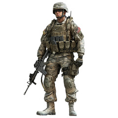 Obraz premium US Soldier in Full Combat Uniform Standing and Holding Rifle