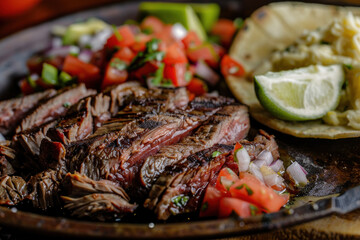 Grilled Carne Asada with Fresh Salsa, Avocado, and Lime on a Rustic Plate