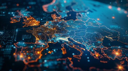 A digital map of Western Europe, the European Union's network and connectivity, data transfer and cyber technology, trade and information exchange, and telecommunications
