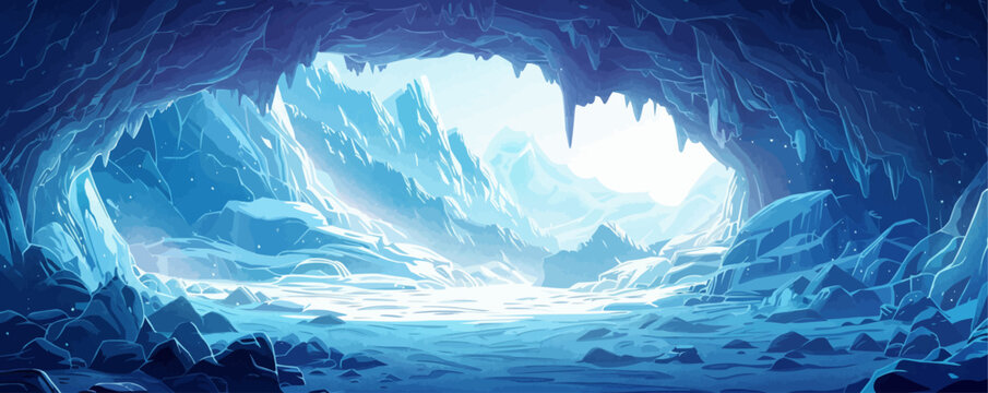 A mystical glacial cave with shimmering ice formations and an ethereal blue glow emanating from within. Vector flat minimalistic isolated