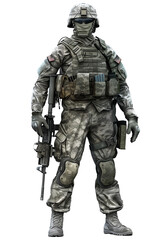 US Soldier in Full Combat Uniform Holding Rifle