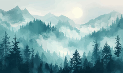 Misty forest among the mountains. Vector illustration.