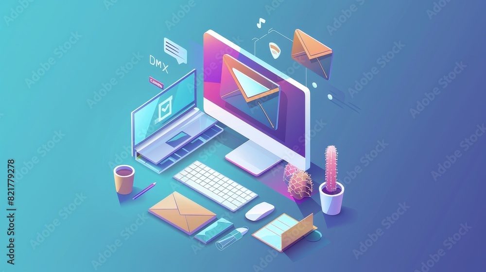 Poster isometric email landing page with letter envelope on desktop computer. electronic messages as part o
