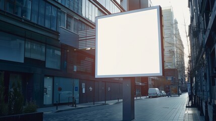 Fototapeta premium Stock AI concept of advertising space, a blank white billboard on a modern building facade.