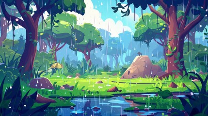 The summer forest has been wet with rain. Landscape with green grass, water puddles, trees, lianas and stones in a summer forest. Modern illustration of a forest glade with water puddles, trees,