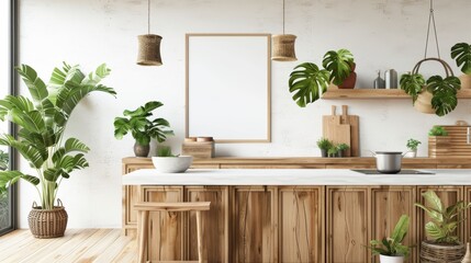 Home decoration concept showing a white background with a blank wall poster, wooden furniture, and indoor plants.