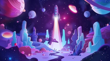 Space fest cartoon web banner, invitation to music show or concert. Space shuttle and alien station in galaxy with planets. Cosmos, universe fantasy background, modern illustration.