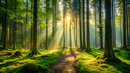 Fototapeta premium Sunlight Filtering Through the Forest Canopy. Perfect for: Nature photography blogs, Outdoor adventure magazines, Environmental conservation websites, Forest exploration, natural scenery.