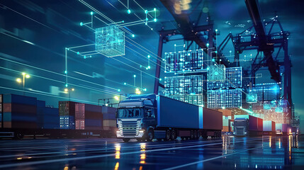 Transportation and logistic network distribution growth. Container cargo ship and trucks of industrial cargo freight for shipping. Business logistic import export with generative ai