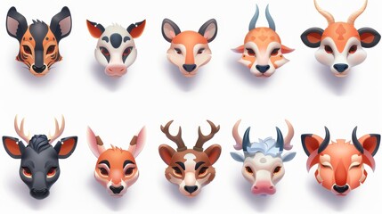 Face masks of tigers, rabbits, foxes, cows or deers isolated on white background. Modern modern set of muzzles, ears, noses and fur elements of tigers, rabbits, foxes, cows or deers for social