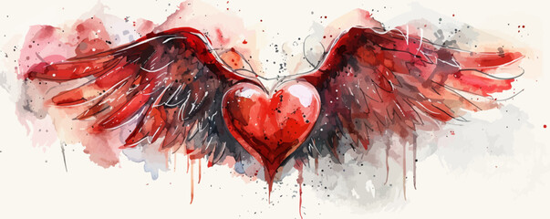 A red heart with wings is painted on a white background