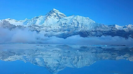   A mountain is mirrored in the calm lake before a blue sky with clouds nearby
