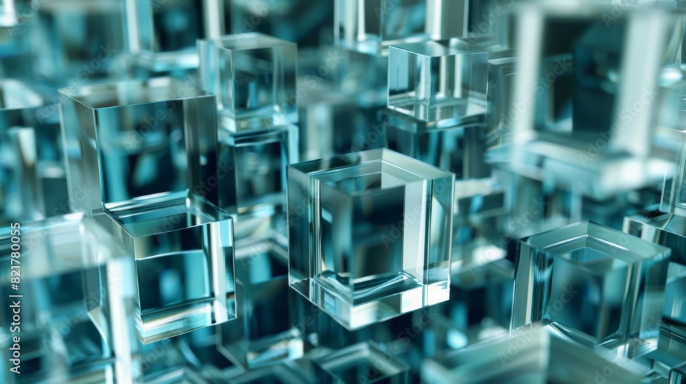 Poster an abstract animation based on a 3d render of rotating glass squares, looped in 4k