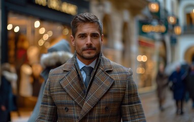 Fototapeta premium A young man in a business suit and tie walking along a city street