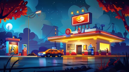 A driver filling up at a petrol station at night. Illustration depicting a man sitting in his automobile near the facade of a petrol station, selling fuel for urban vehicles, and refilling gas tanks.