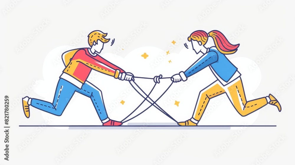 Sticker Women and men are wrestling in a tug of war. Concept of feminism and patriarchy in the workplace, Line art flat modern illustration.