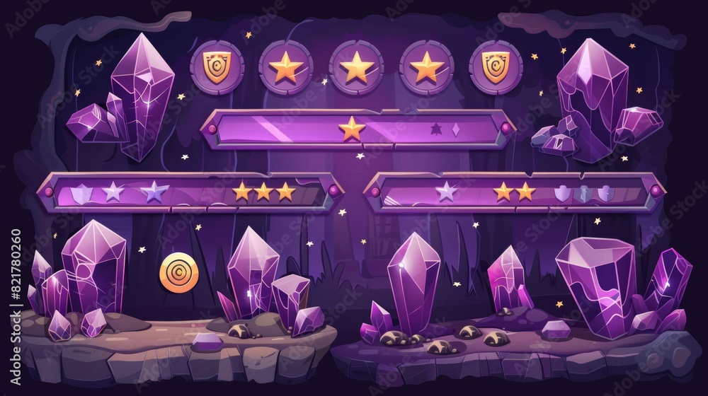 Poster an interface board for a video game featuring a level score and menu button with purple crystal text