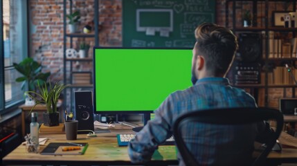 In the background, Man Draws On Chalkboard Wall in Creative Office with Green Mock-up Screen.