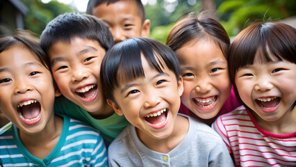 Joyful Faces: Close-up of Smiling Asian Children. Perfect for: Children's Day, Family Day, International Day of Happiness, Education, childhood, happiness, diversity, family, innocence, laughter.