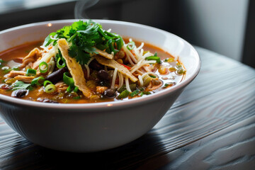 Hearty Bowl of Chicken Tortilla Soup with Fresh Cilantro and Crispy Tortilla Strips
