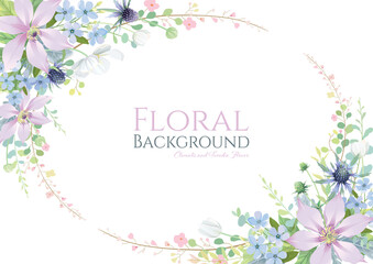 Clematis and Tweedia flower with greenery frame border on white background. Beautiful template for wedding invitation or greeting card, banner. All elements are isolated and editable. Vector.