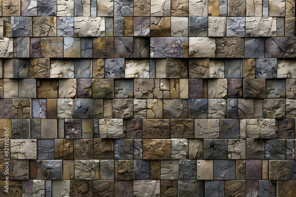 Poster textured, natural stone mosaic tiles arranged in the shape of a wall. semigloss, 3d, blocks stacked 