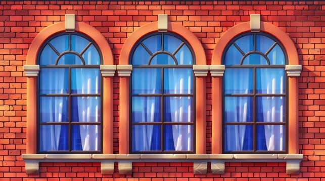 Arched windows on red brick wall with curtains and blinds, city reflection in glass. Cartoon modern illustration of apartment building facade. Urban architecture background. Residential property.
