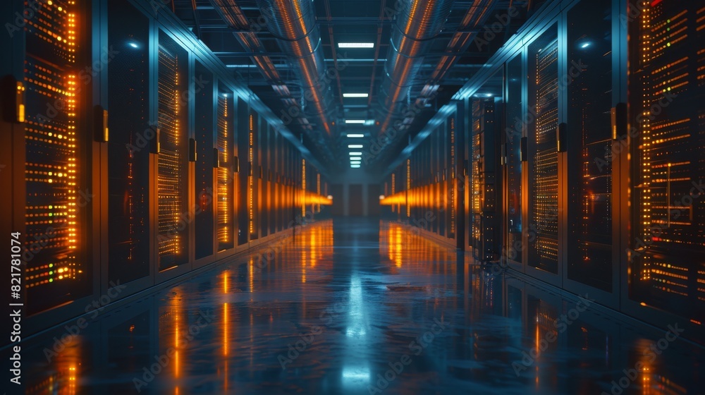 Poster a data center with rows of rack servers and blinking led lights. computers working.