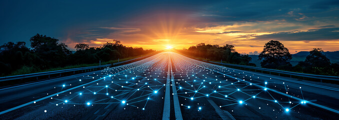 Logistic road with hologram data online network background.