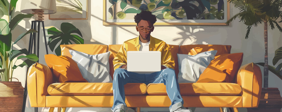 Freelancer guy with laptop, sitting on the sofa in comfortable mid century modern living room. Black young man working from home. Cartoon male character
