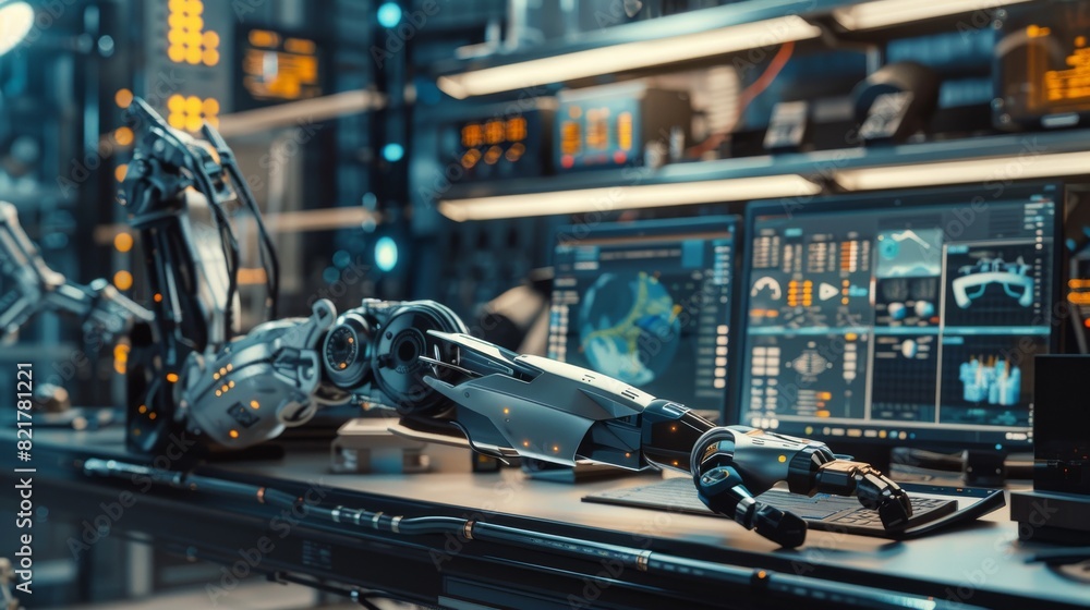 Poster prosthetic robot arm on desk in a high tech research laboratory with modern computer equipment.