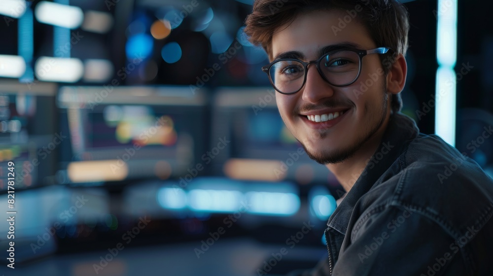 Poster an elegant and handsome software developer, wearing glasses, works on a computer and smiles at the c