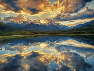 Stunning mountain landscape with dramatic clouds reflecting in a serene lake at sunset, showcasing nature's beauty.