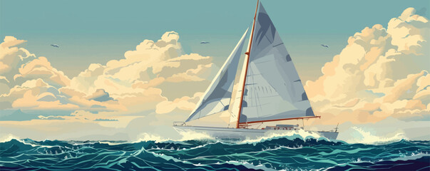 Retro ship sails on waves of sea. Sailboat sailing, side view. vector simple illustration