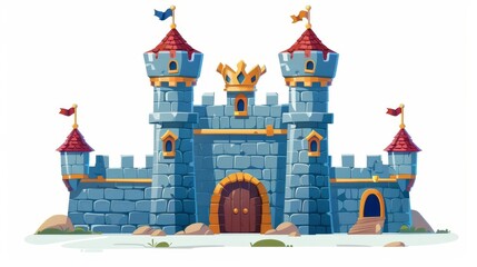 This fantasy fairytale fortress has stone walls, wooden gates, an archway, and towers isolated on a white background, featuring a princess palace with a gold crown.