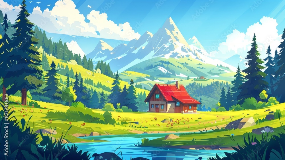 Wall mural Modern illustration of a house in a forest near a mountain. Summer illustration of a farming field with a village house on an Alpine hill. Illustration of a sunny farmhouse on the horizon. Fairy