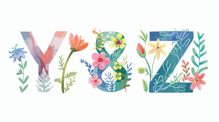 Alphabet letters Y Z  with watercolor flowers and leave