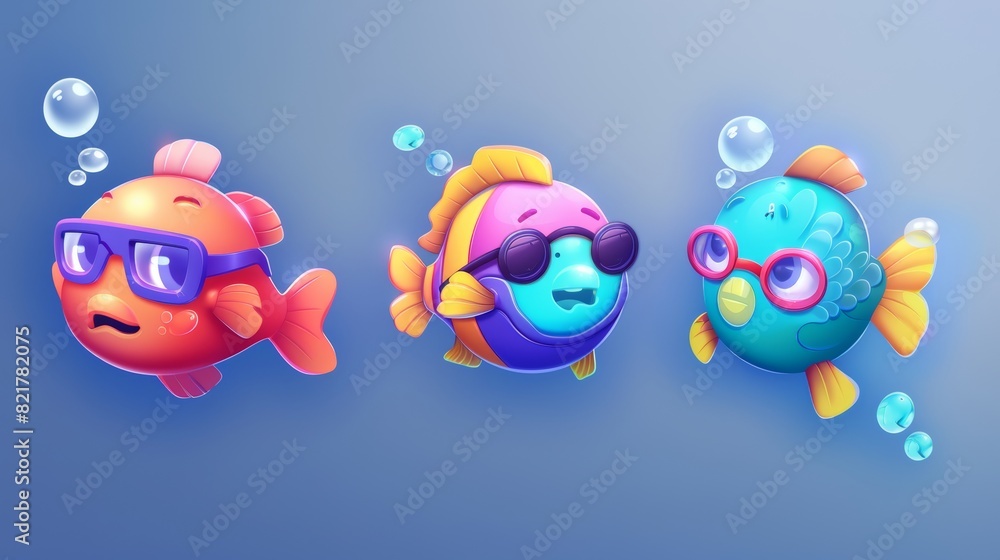Poster an underwater game ui interface with fish symbols. a cute cartoon modern app design for a match 3 ga