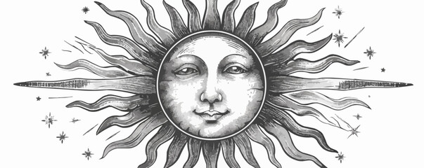 Hand drawn sun with face, decor element. Astrology symbol in vintage engraving style isolated on white background. vector simple