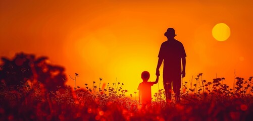 Minimalist Happy Father's Day with father and child shadow profiles, sunset background, copy space for text