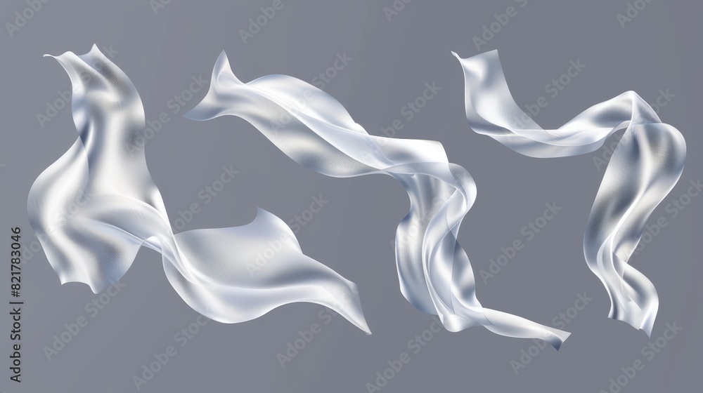 Wall mural A white silk ribbon floating in the air. A realistic modern illustration of a satin cloth or curtain wave on the wind. The wind blows and curves pieces of fabric drapery tape as it blows.