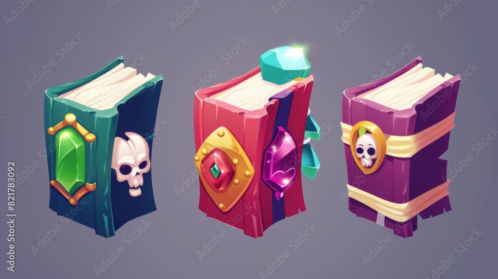 Poster ui assets for the magic book game level rank. cartoon set of different stages of evolution of ancien