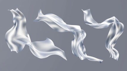A white silk ribbon floating in the air. A realistic modern illustration of a satin cloth or curtain wave on the wind. The wind blows and curves pieces of fabric drapery tape as it blows.