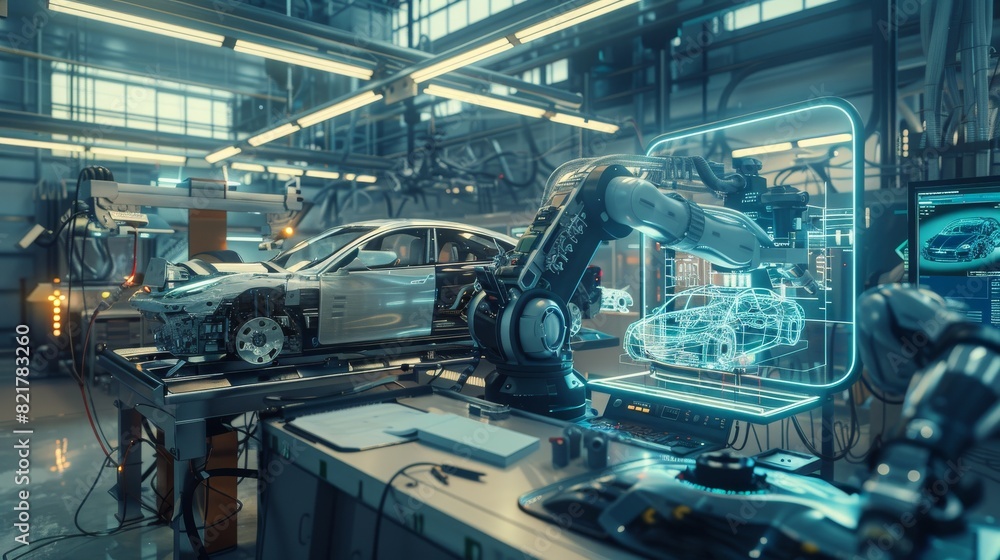 Poster automotive engineers working on advanced models for high-tech engines. automated robot arm industria