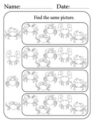 Crab Puzzle. Printable Activity Page for Kids. Educational Resources for School for Kids. Kids Activity Worksheet. Find Similar Shape