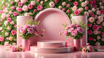 Elegant Floral Podium: Pink Roses in 3D Spring Display. Perfect for: Wedding season, Mother's Day, Spring events, Beauty product launches, wedding displays, floral arrangements, romantic occasions.