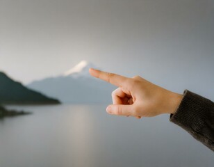 mains montrant une direction sur un paysage de montagne en ia