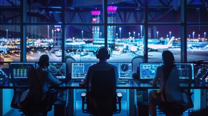 Various Air Traffic Controllers working in a modern airport tower at night. Computer monitors show navigation screens, departure and arrival plane data.