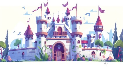 An old medieval castle with towers and flags, windows and gates, stone walls, a cartoon illustration set of a magical palace with turrets. Collection of medieval architecture with towers.