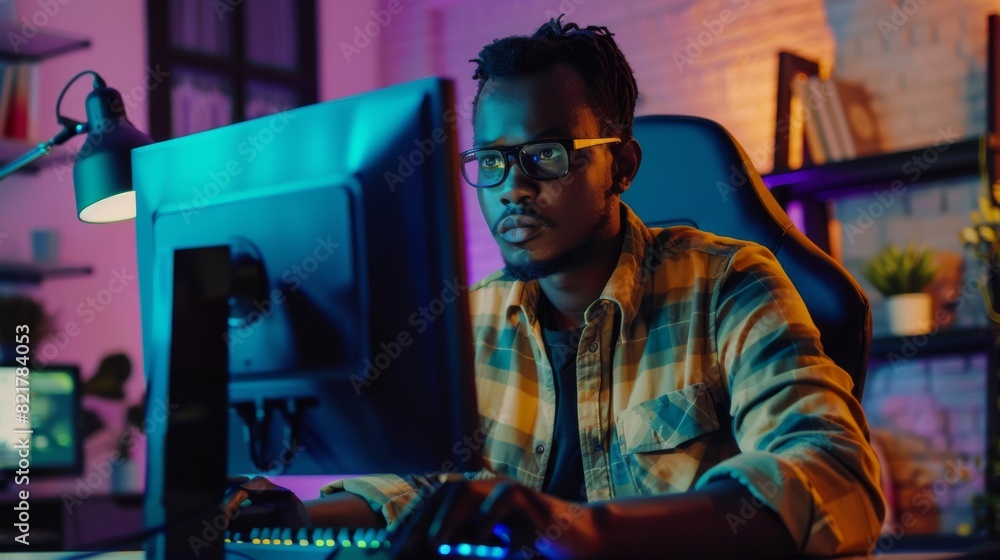 Poster the black gamer is playing online video games on a powerful computer. a stylish male player is playi